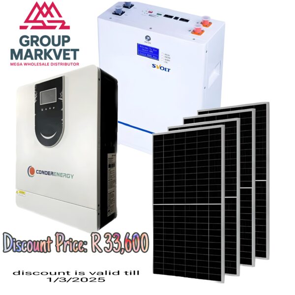 6.2kva Inverter Conderenergy + 5.09kw Svolt Lithium battery with 450w solar panels & installation kit